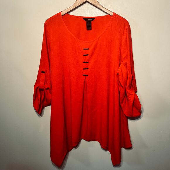 Ali Miles Tunic Red Gauze Black Button Asymmetrical Shark Bite Hem Artsy Boho 1X - Picture 1 of 7